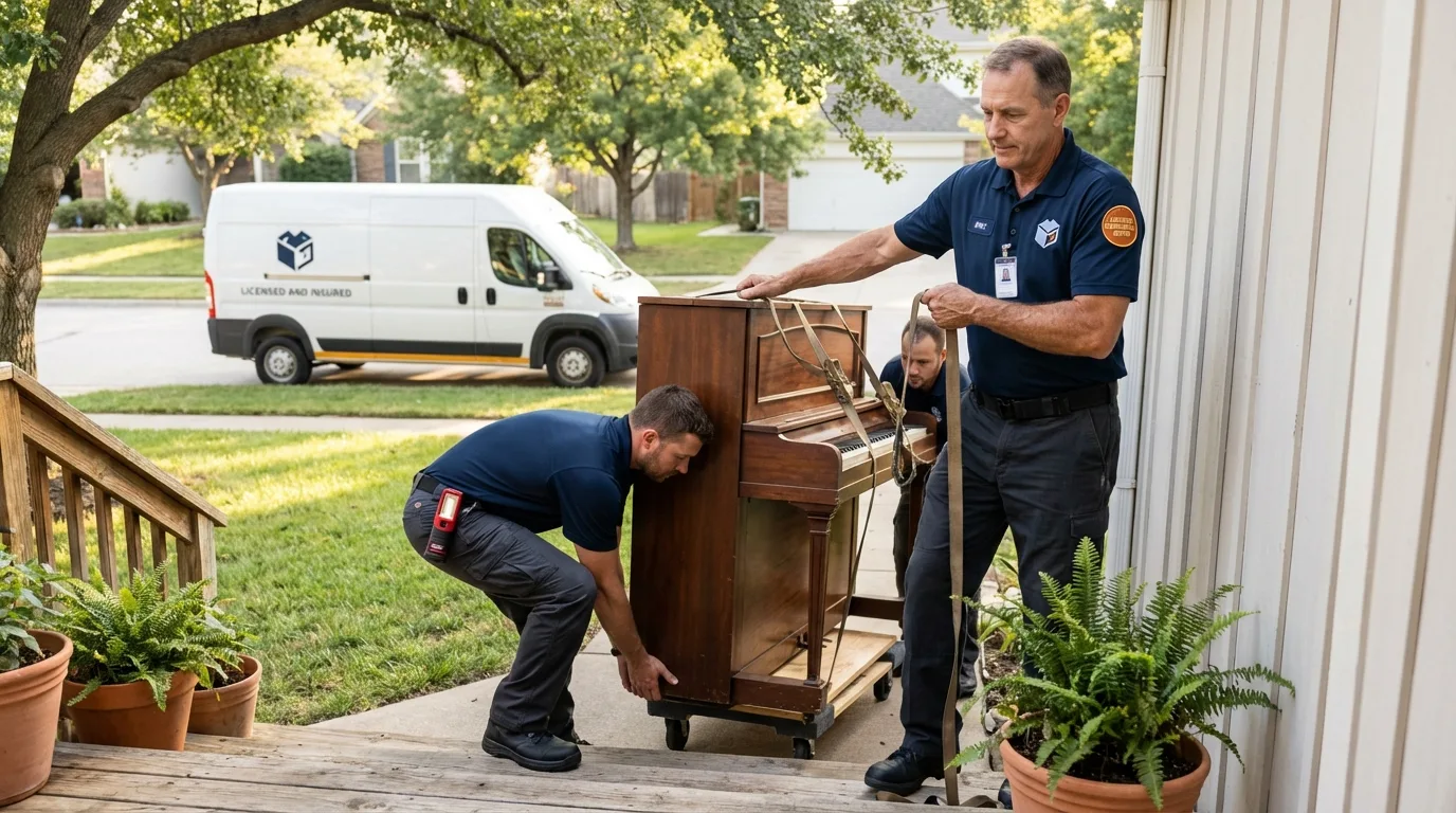 Licensed piano movers securing grand piano in Anchorage, AK