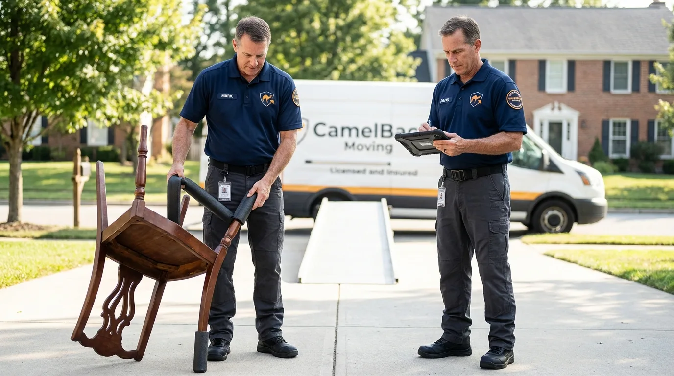 Movers inspecting furniture for damage prevention before loading in Anchorage, AK